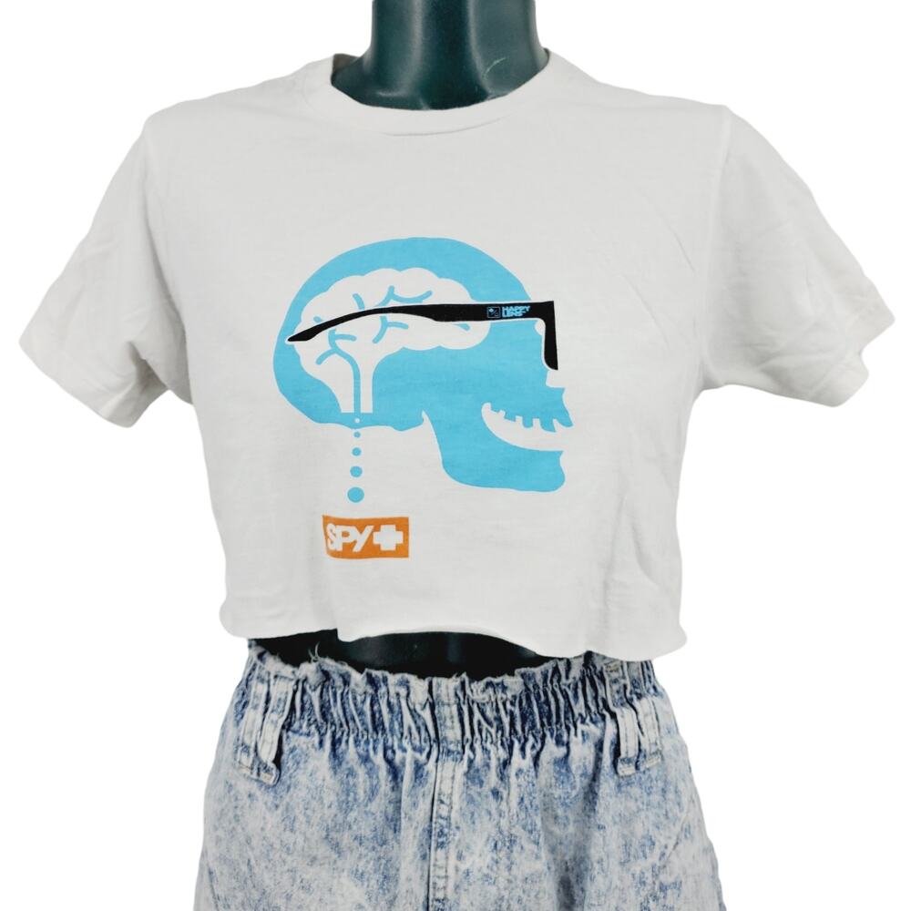 Spy Skater Skull & Glasses White Crop Top Graphic Tee T-shirt Women's S 1708